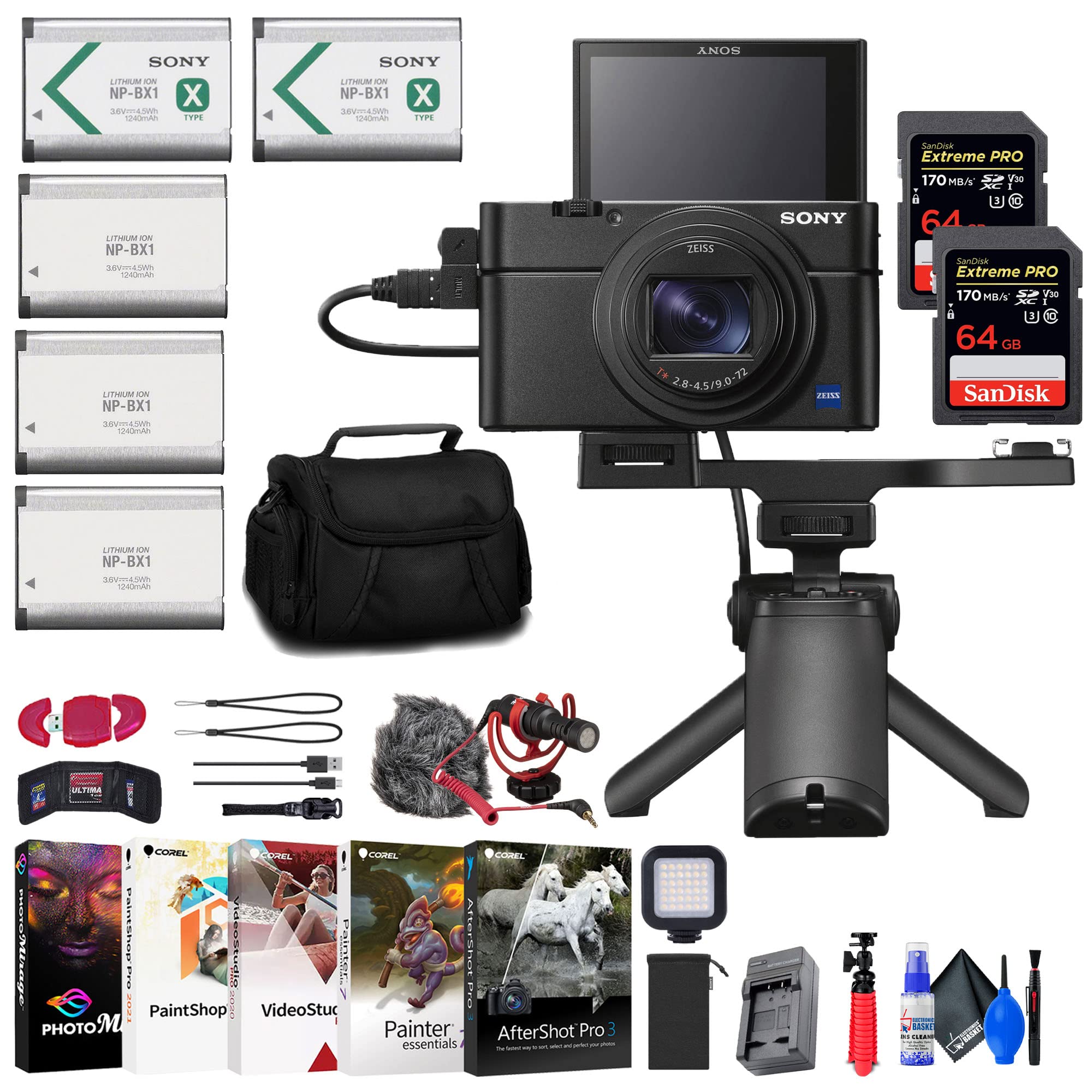 Sony Cyber-Shot DSC-RX100 VII Digital Camera with Shooting Grip Kit (DSC-RX100M7G) + 2 x 64GB Card + Case + 3 x NP-BX1 Battery + Card Reader + LED Light + Corel Photo Software + More (Renewed)