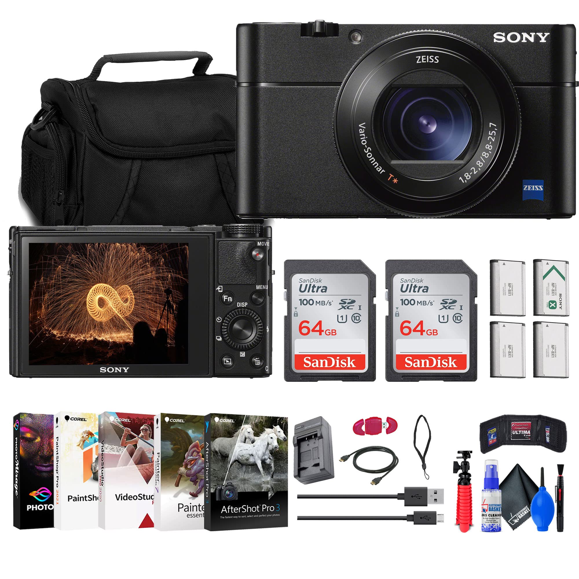 Sony Cyber-Shot DSC-RX100 VA Digital Camera (DSC-RX100M5A/B) + Case + 2 x 64GB Card + 3 x NP-BX1 Battery + Card Reader + Corel Photo Software + HDMI Cable + Charger + Flex Tripod + More (Renewed)