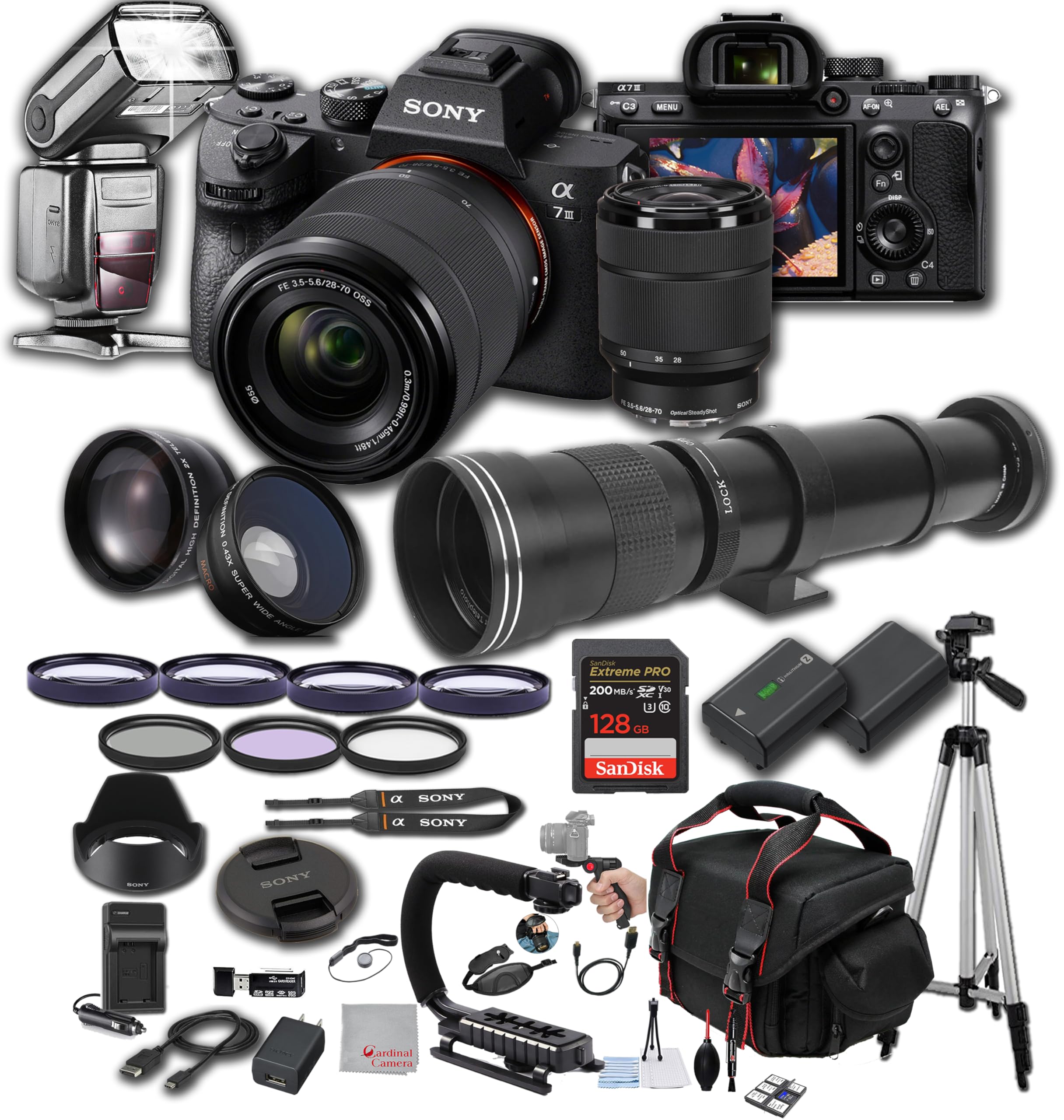 Sony a7 III w/ 28-70mm Lens, 128GB Extreme Memory, 420-800mm Super Telephoto Lens, TTL Pro Flash, Filters, Lenses, Case Tripod, and More – Extreme Photo Bundle (42pc Bundle)