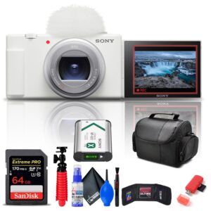 sony zv-1 ii vlog camera for content creators and vloggers (white) (zv-1m2/w) + 64gb memory card + card reader + deluxe soft bag + flex tripod + memory wallet + cleaning kit (renewed)