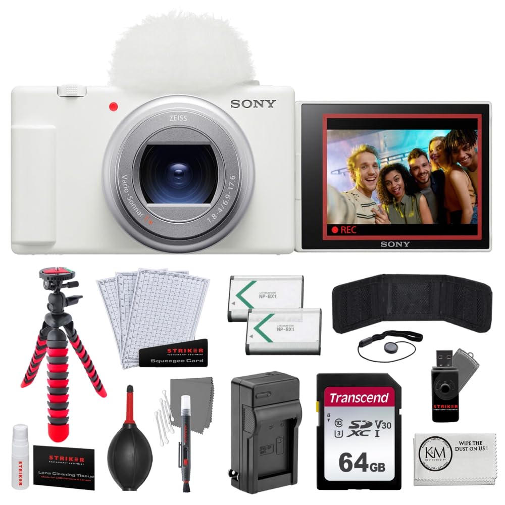 Sony ZV-1 II Digital Camera | White Bundled with Extra NP-BX1 Battery + 12" Tripod + Battery Charger + 64GB Memory Card + Microfiber Cleaning Cloth + Photo Starter Kit (11 Pieces) (7 Items)