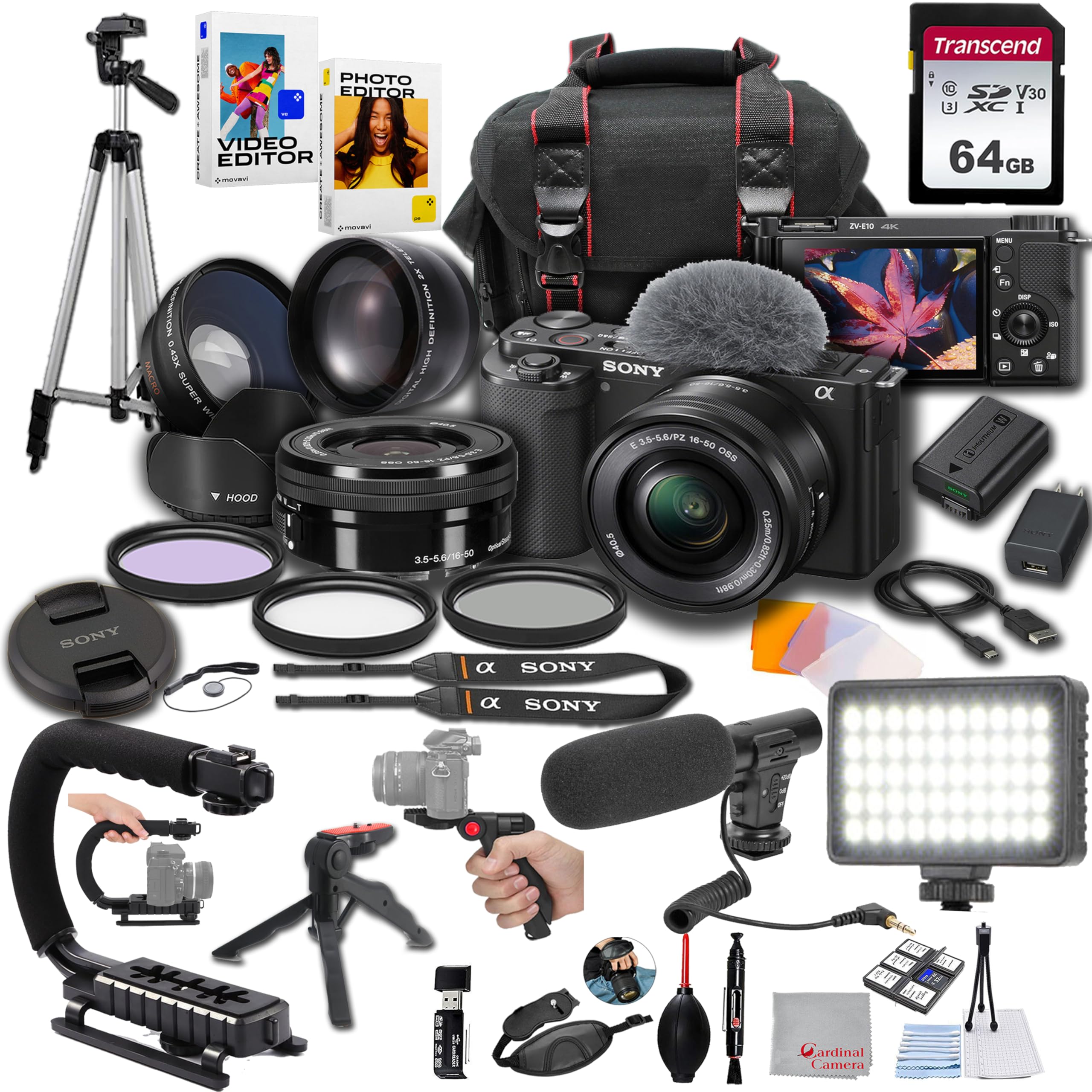 Sony ZV-E10 + 16-50mm Lens, LED Light, Microphone, 64GB, U-Grip, Filters, Tripod, Case, Software, & More – Pro Video Bundle (38pc)