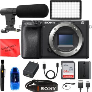 sony alpha a6400 mirrorless digital camera black (body only) bundle, starter kit + accessories (64gb memory card, led light, shotgun mic, cleaning kit and more) (renewed)