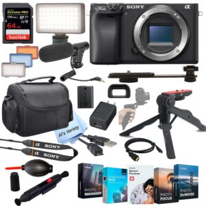 sony intl. sony alpha a6400 mirrorless digital camera body(no lens) + shot-gun microphone + led always on light+ 64gb extreme speed card, gripod, case, and more (26pc video bundle) (renewed)