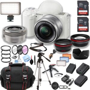 sony zv-e10 (white) mirrorless camera with 16-50mm lens + 2pcs 64gb memory + led video light + case+ tripod + steady grip pod + filters + macro + 2x lens + 2x batteries + more (40pc bundle) (renewed)