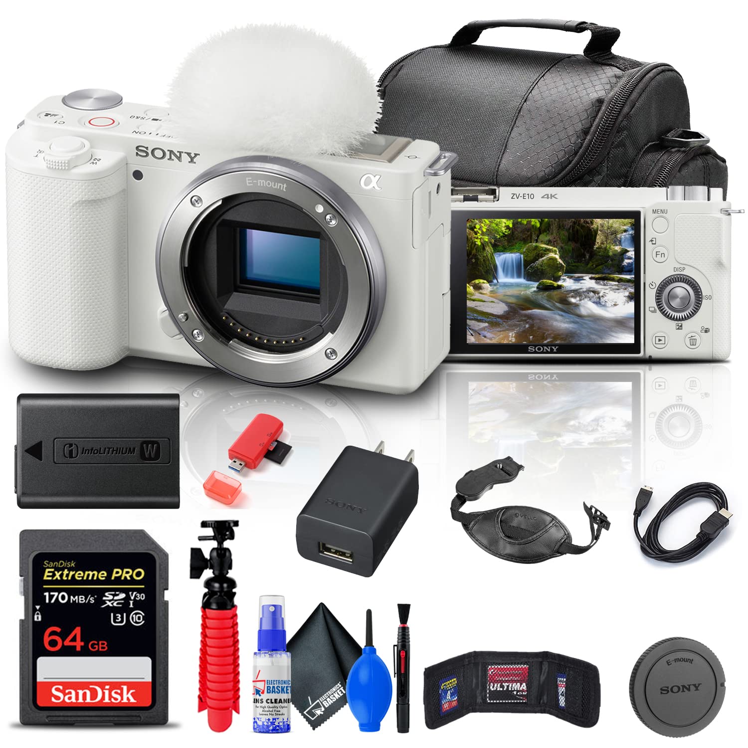 Sony ZV-E10 Mirrorless Camera (Body, White) (ILCZV-E10/W) + 64GB Memory Card + Bag + Card Reader + HDMI Cable + Flex Tripod + Hand Strap + Memory Wallet + Cleaning Set (Renewed)