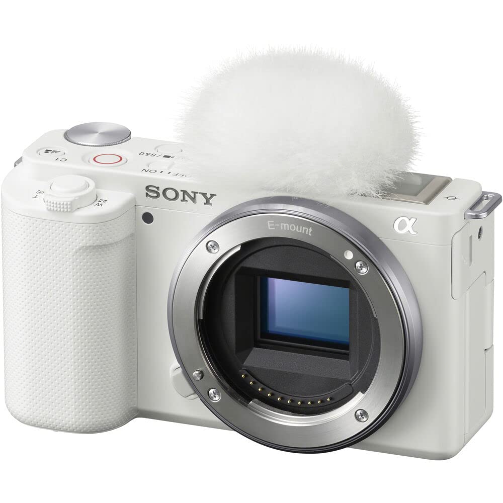 Sony ZV-E10 Mirrorless Camera (Body, White) (ILCZV-E10/W) + 64GB Memory Card + Bag + Card Reader + HDMI Cable + Flex Tripod + Hand Strap + Memory Wallet + Cleaning Set (Renewed)