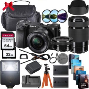 sony alpha a6100 mirrorless digital camera 24.2mp with 16-50mm & 55-210mm lenses + 64gb & 32gb memory cards, sturdy equipment carrying case, spider tripod, camera flash, software kit and more