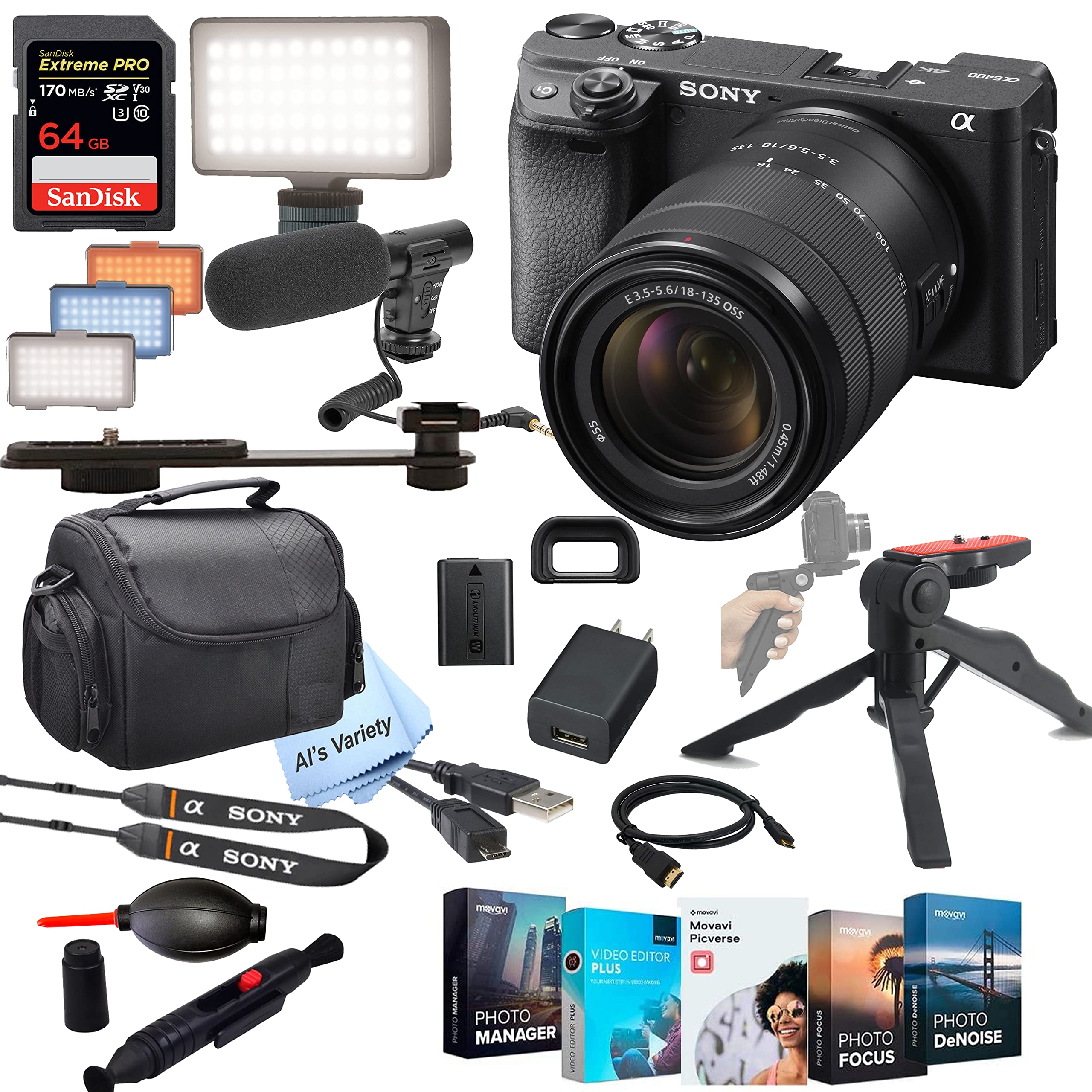 Sony Alpha a6400 Mirrorless Digital Camera with 18-135mm Lens + Shot-Gun Microphone + LED Always on Light+ 64GB Extreme Speed Card, Gripod, Case, and More (26pc Video Bundle) (Renewed)