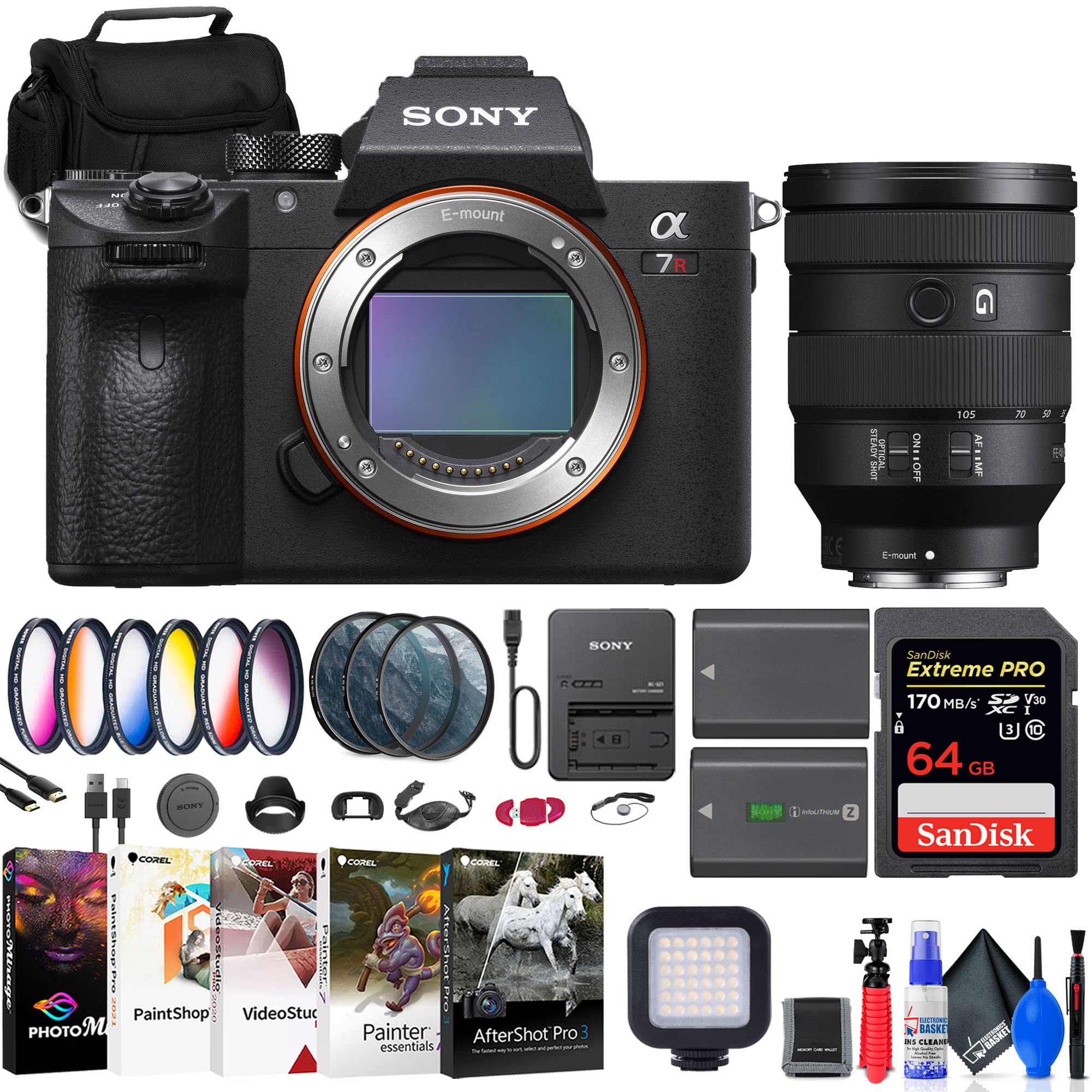 Sony a7R IIIA Mirrorless Camera (ILCE7RM3A/B) + Sony FE 24-105mm Lens + 64GB Card + Filter Kit + Color Filter Kit + Lens Hood + Bag + NP-FZ100 Compatible Battery + Card Reader + More (Renewed)