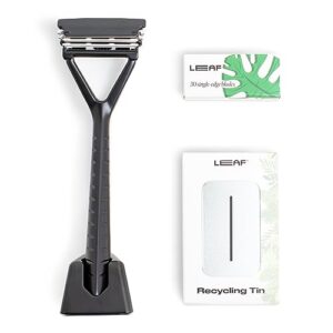 leaf shave | the leaf razor set, black - includes 1x leaf razor, 1x matching leaf razor stand, 1x 50-pack of single-edge blade refills, and 1x razor blade bank