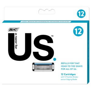 BIC US 5-Blade Unisex Shaving Razor For Men and Women, Lubrication Strip For a Smooth, Close Shave, 12 Cartridges