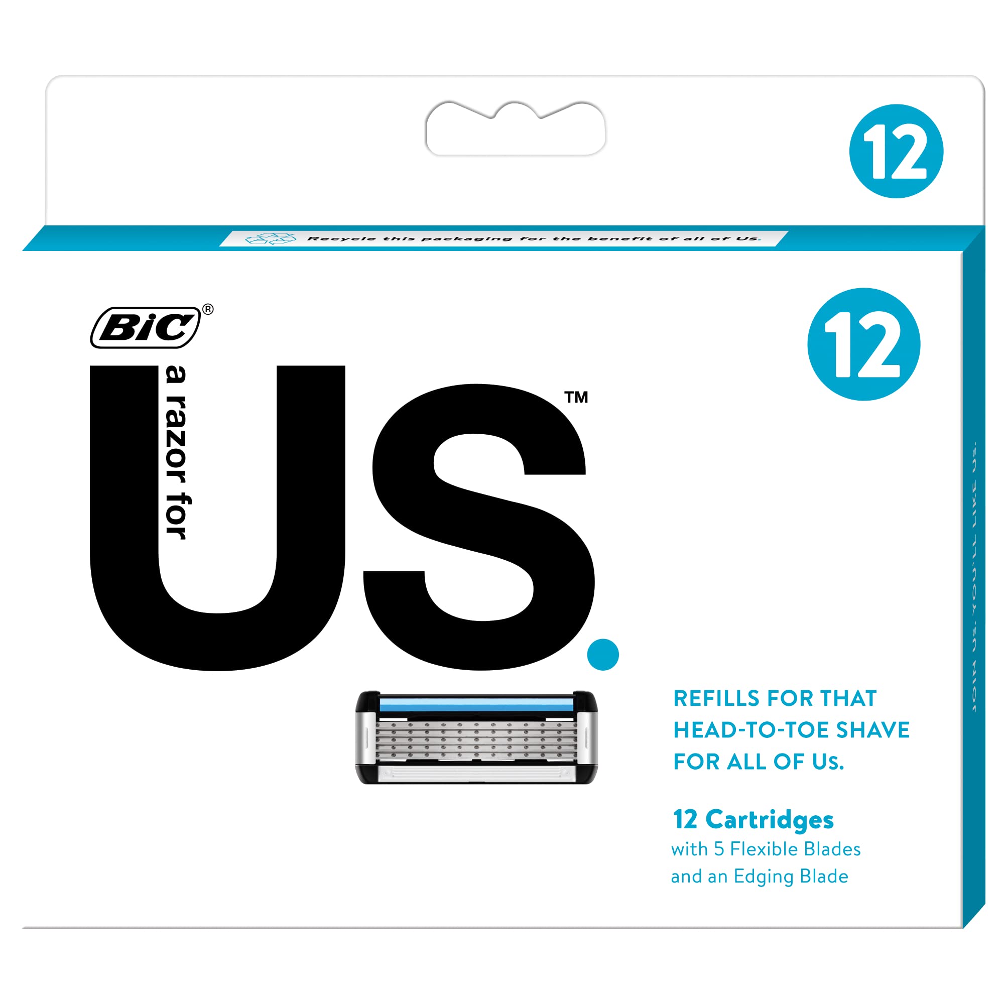 BIC US 5-Blade Unisex Shaving Razor For Men and Women, Lubrication Strip For a Smooth, Close Shave, 12 Cartridges