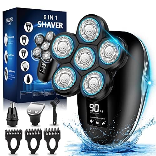 Electric Head Shaver for Bald Men, 6 in 1 Mens Electric Head Razor Bald Head Shaver Cordless Electric Razor Men, IPX7 Wet/Dry Waterproof Skull Shaver with Head Shaver Kit LED Display