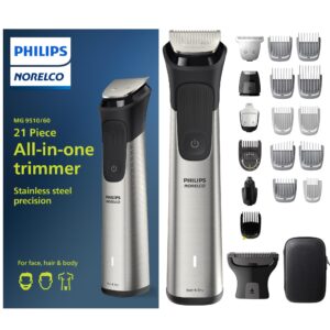 Philips Norelco Multigroom Series 9000 - 21 piece Men's Grooming Kit for beard, body, face, nose, ear hair trimmer w/ premium storage case, MG9510/60