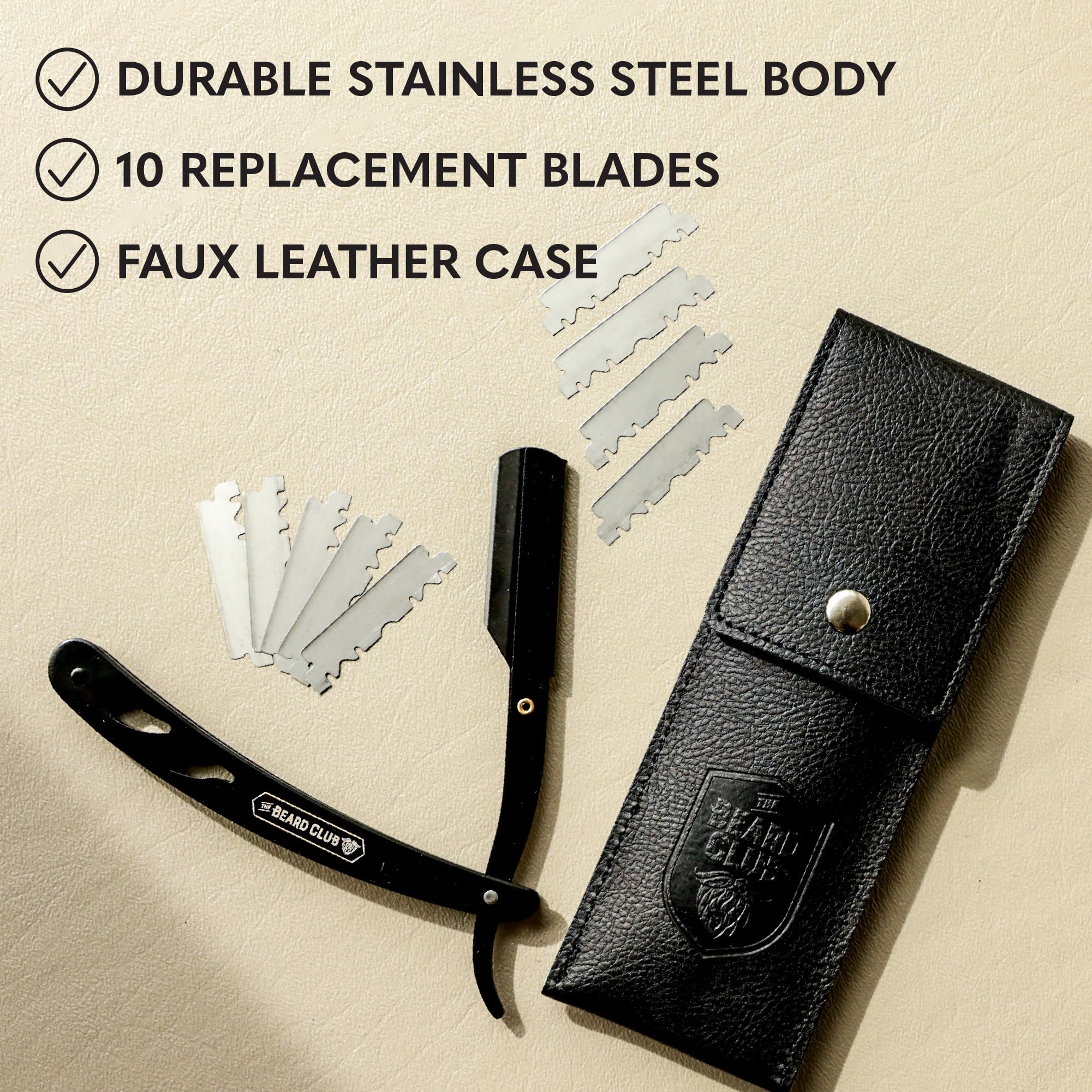 The Beard Club Straight Razor for Men - Navajas Para Barbero - Barber Straight Edge Razor Kit - Premium Single Derby Blade Cutthroat Razor With 10 Replaceable Stainless Steel Blades & Leather Case