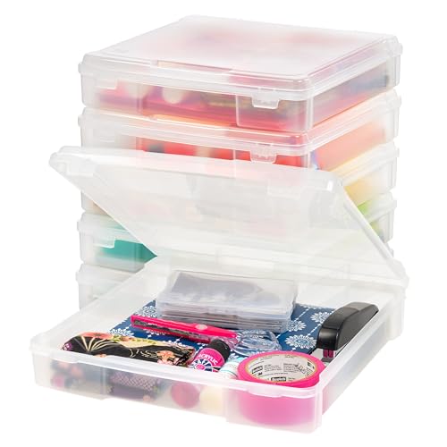 IRIS USA Fits 12" x 12" Paper, 6 Pack Thick Portable Plastic Scrapbook Paper Storage Cases with Built-in Handle for Art and Craft Supplies Yarn File Paper Office Documents Toys, Rounded Corner, Clear