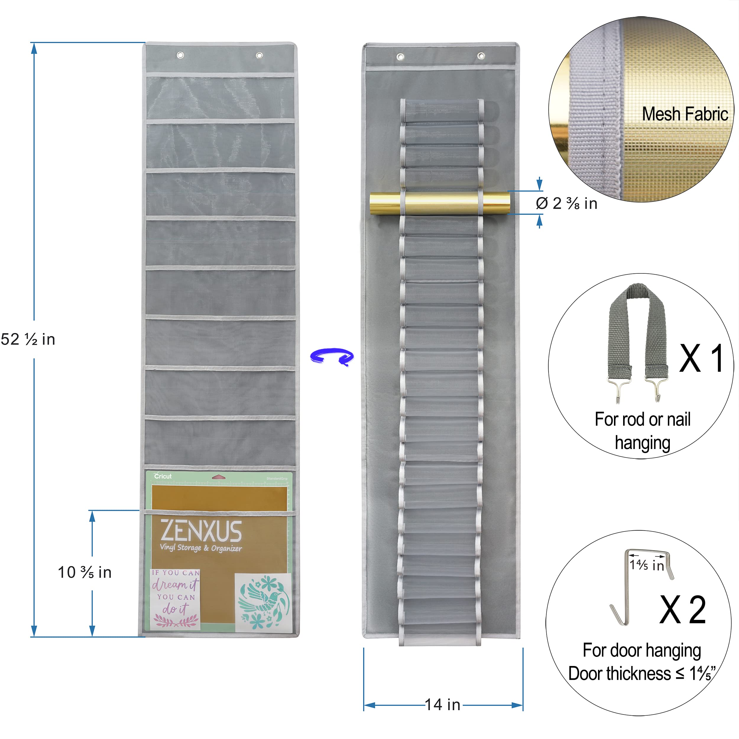 Hanging Vinyl Organizer, Double-Sided, ZENXUS 25 Compartments Roll Storage, Backside 10 Pockets for 12x12 Vinyl Sheet, Cardstock, Scrapbook Paper, Door Hooks Included