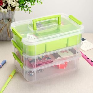 JUXYES 3-Tiers Stack Carry Storage Box With Divided Tray, Transparent Stackable Storage Bin With Handle Lid Latching Storage Container for School & Office Supplies (Green)