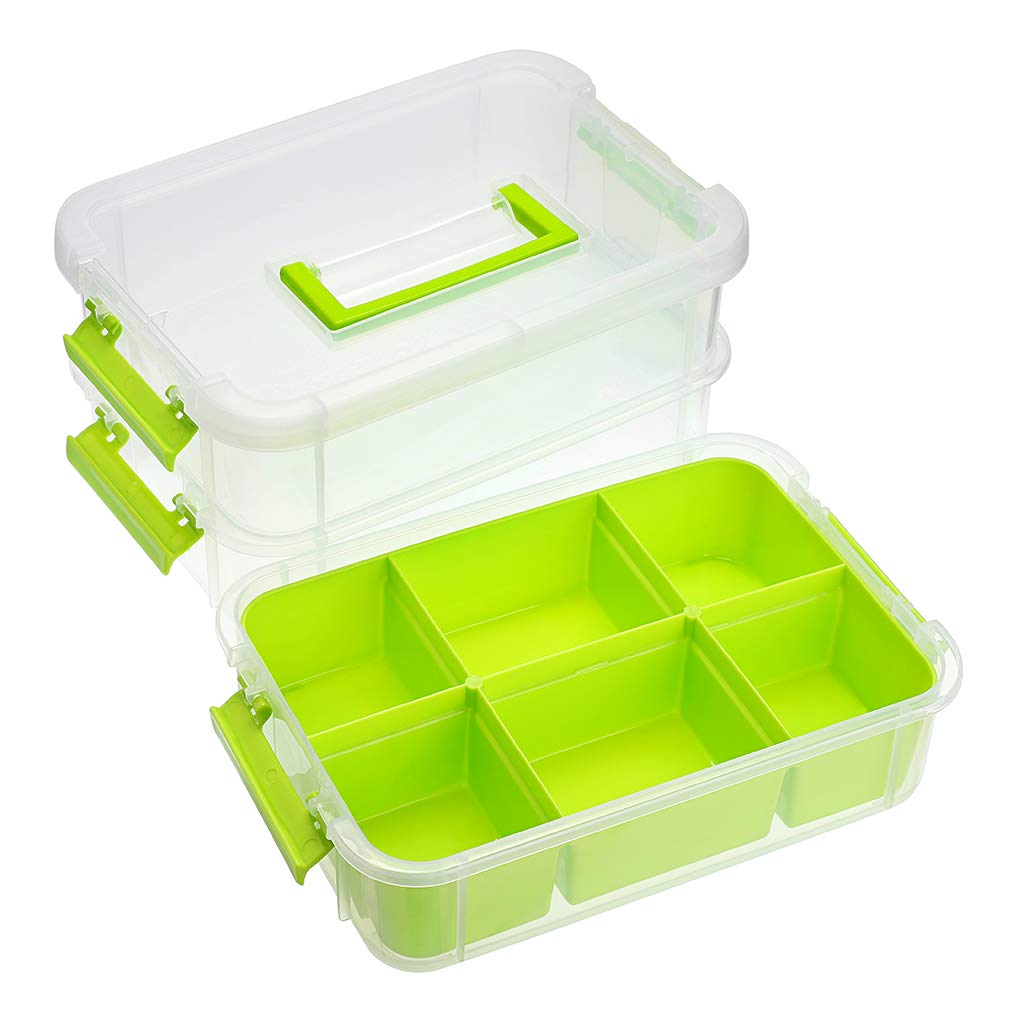 JUXYES 3-Tiers Stack Carry Storage Box With Divided Tray, Transparent Stackable Storage Bin With Handle Lid Latching Storage Container for School & Office Supplies (Green)