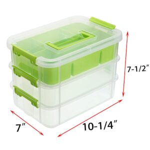 JUXYES 3-Tiers Stack Carry Storage Box With Divided Tray, Transparent Stackable Storage Bin With Handle Lid Latching Storage Container for School & Office Supplies (Green)