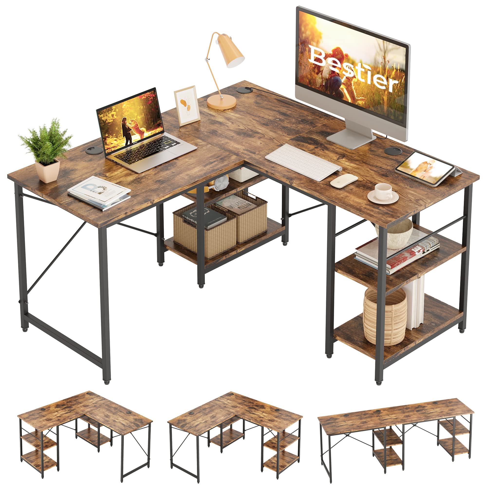 Bestier L Shaped Desk with Shelves 86.6 Inch Reversible Corner Computer Desk or 2 Person Long Table for Home Office Large Gaming Writing Storage Workstation P2 Board with 3 Cable Holes, Rustic Brown