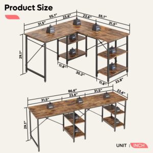 Bestier L Shaped Desk with Shelves 86.6 Inch Reversible Corner Computer Desk or 2 Person Long Table for Home Office Large Gaming Writing Storage Workstation P2 Board with 3 Cable Holes, Rustic Brown