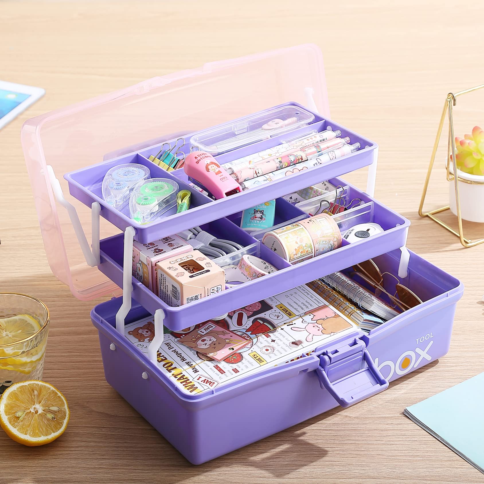 Kinsorcai 12'' Three-Layer Clear Plastic Storage Box/Tool Box, Multipurpose Organizer and Portable Handled Storage Case for Art Craft and Cosmetic (Purple)