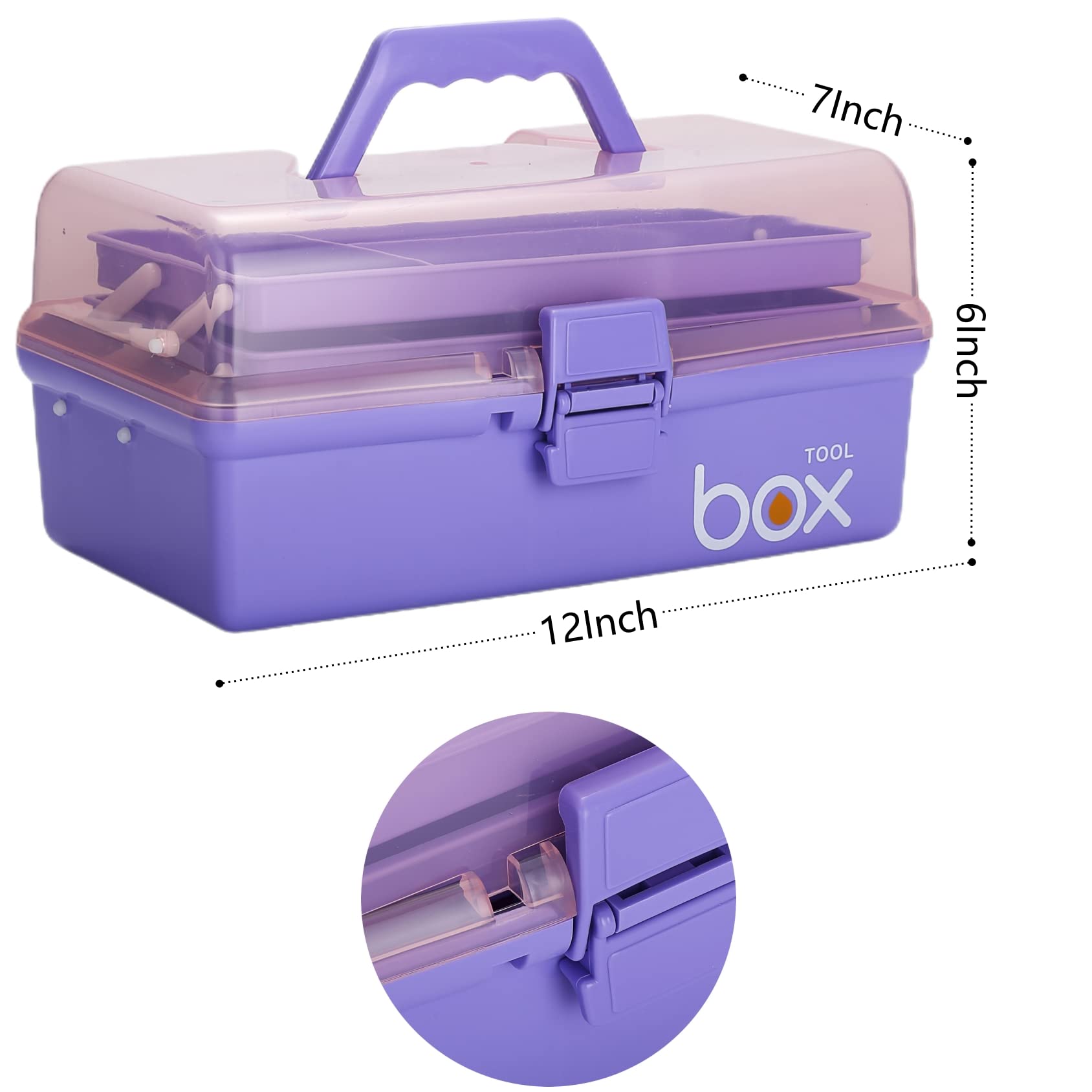 Kinsorcai 12'' Three-Layer Clear Plastic Storage Box/Tool Box, Multipurpose Organizer and Portable Handled Storage Case for Art Craft and Cosmetic (Purple)