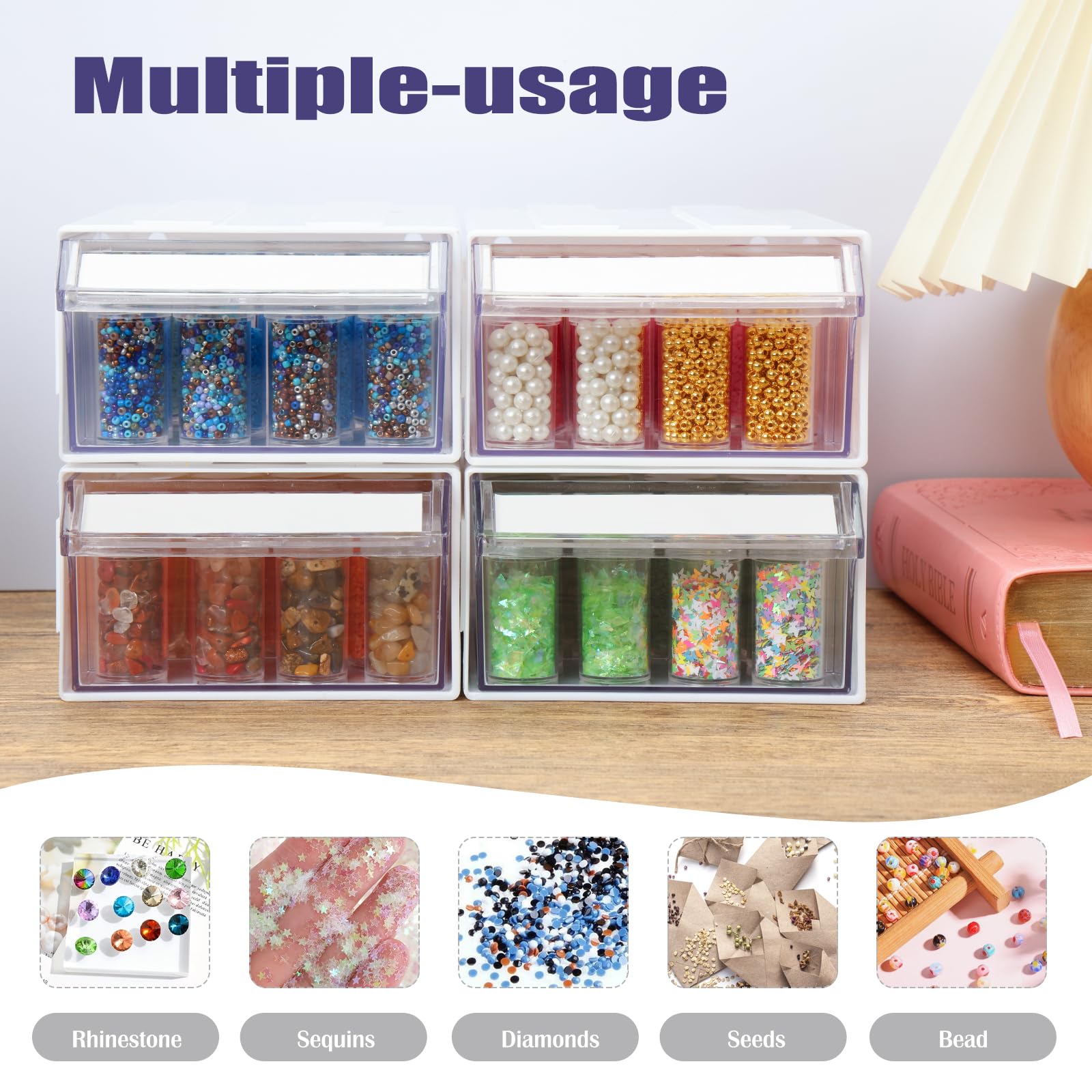 Quefe 128 Slots, 4pcs, Diamond Painting Storage Containers, Portable Bead Organizer, Storage Box Stackable Arts & Crafts Organizers for DIY Diamond Art Craft Jewelry Bead Storage