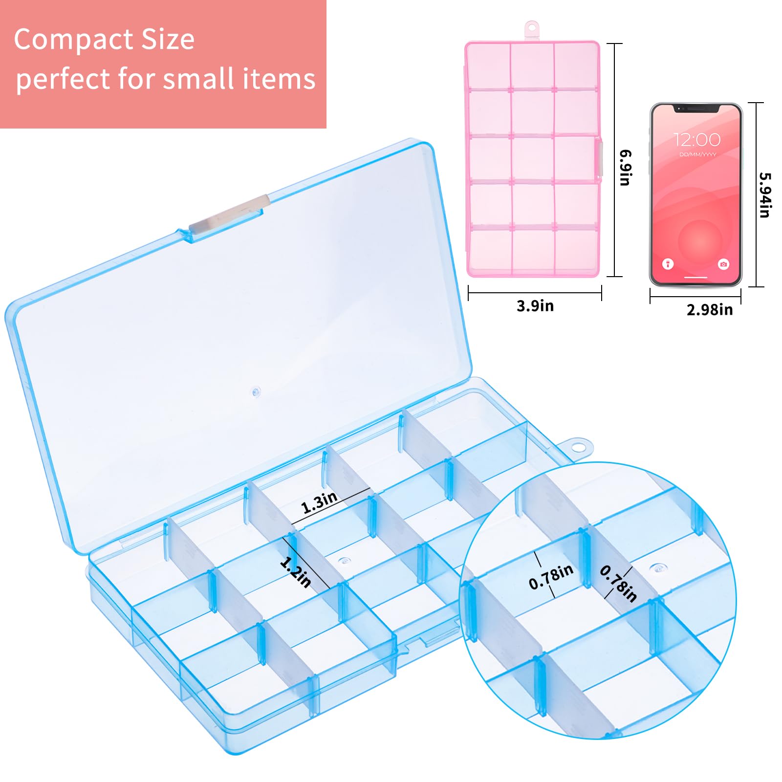 QUEFE 4 Pack 15 Grids Bead Organizers and Storage, Small Plastic Jewelry Organizer Box with Removable Dividers for Beads Earring Storage Containers(6.9 x 3.9 x 0.9 Inches)