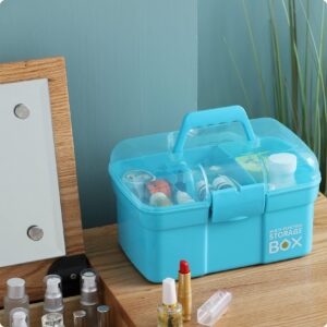 Kinsorcai 11'' Plastic Storage Box with Removable Tray, Multipurpose Organizer and Storage Case for Art Craft and Cosmetic (Blue)