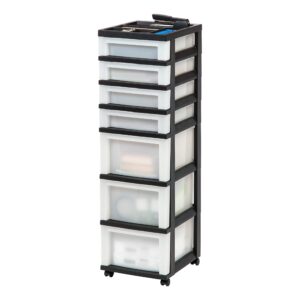 iris usa plastic drawer storage organizer rolling cart, with wheels casters, 7-drawers, for classroom art craft supplies dresser closet bathroom dorm bedroom laundry room, black/pearl