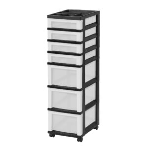 IRIS USA Plastic Drawer Storage Organizer Rolling Cart, with Wheels Casters, 7-Drawers, for Classroom Art Craft Supplies Dresser Closet Bathroom Dorm Bedroom Laundry Room, Black/Pearl