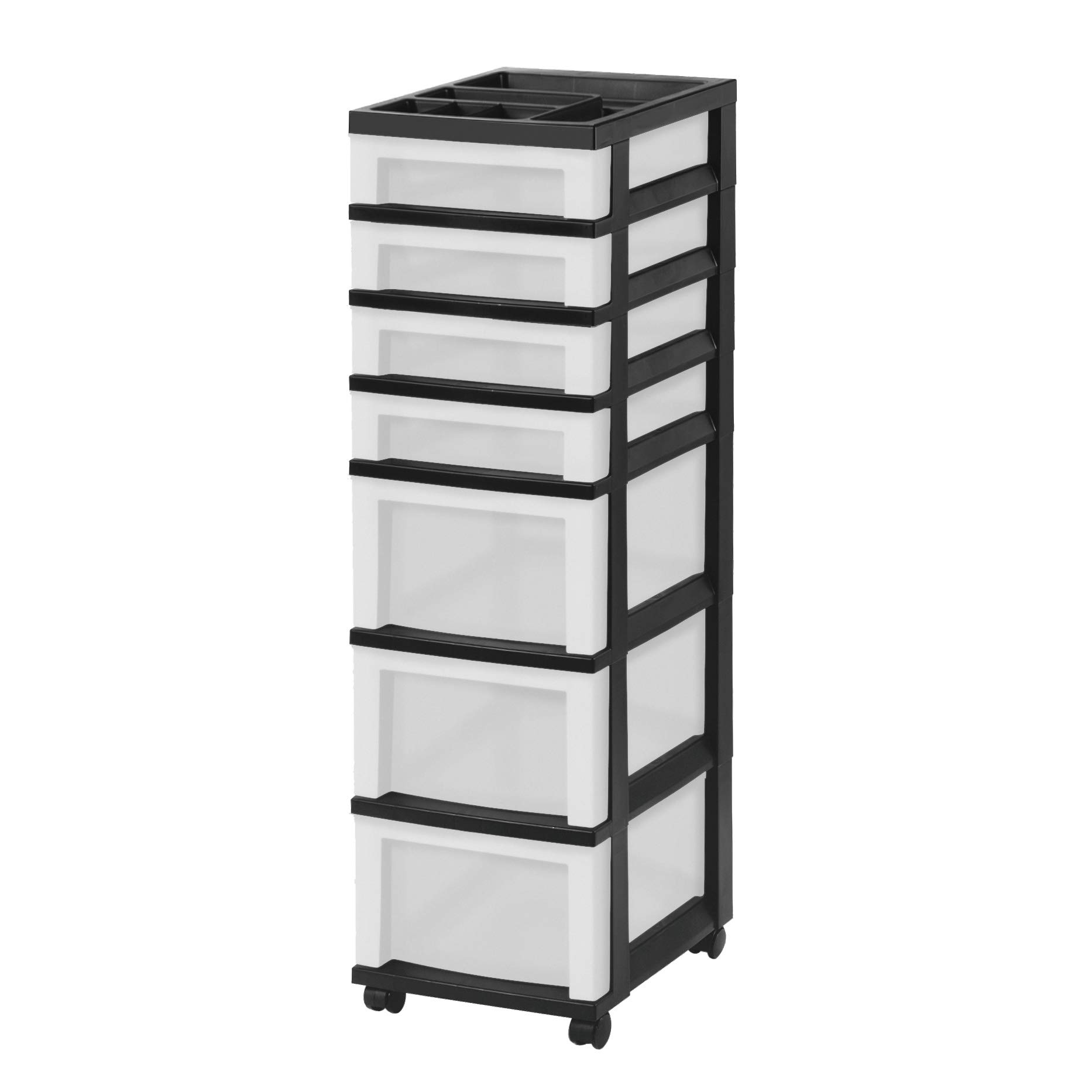 IRIS USA Plastic Drawer Storage Organizer Rolling Cart, with Wheels Casters, 7-Drawers, for Classroom Art Craft Supplies Dresser Closet Bathroom Dorm Bedroom Laundry Room, Black/Pearl