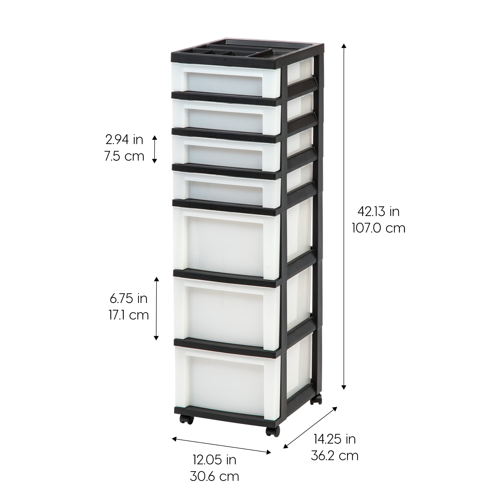 IRIS USA Plastic Drawer Storage Organizer Rolling Cart, with Wheels Casters, 7-Drawers, for Classroom Art Craft Supplies Dresser Closet Bathroom Dorm Bedroom Laundry Room, Black/Pearl