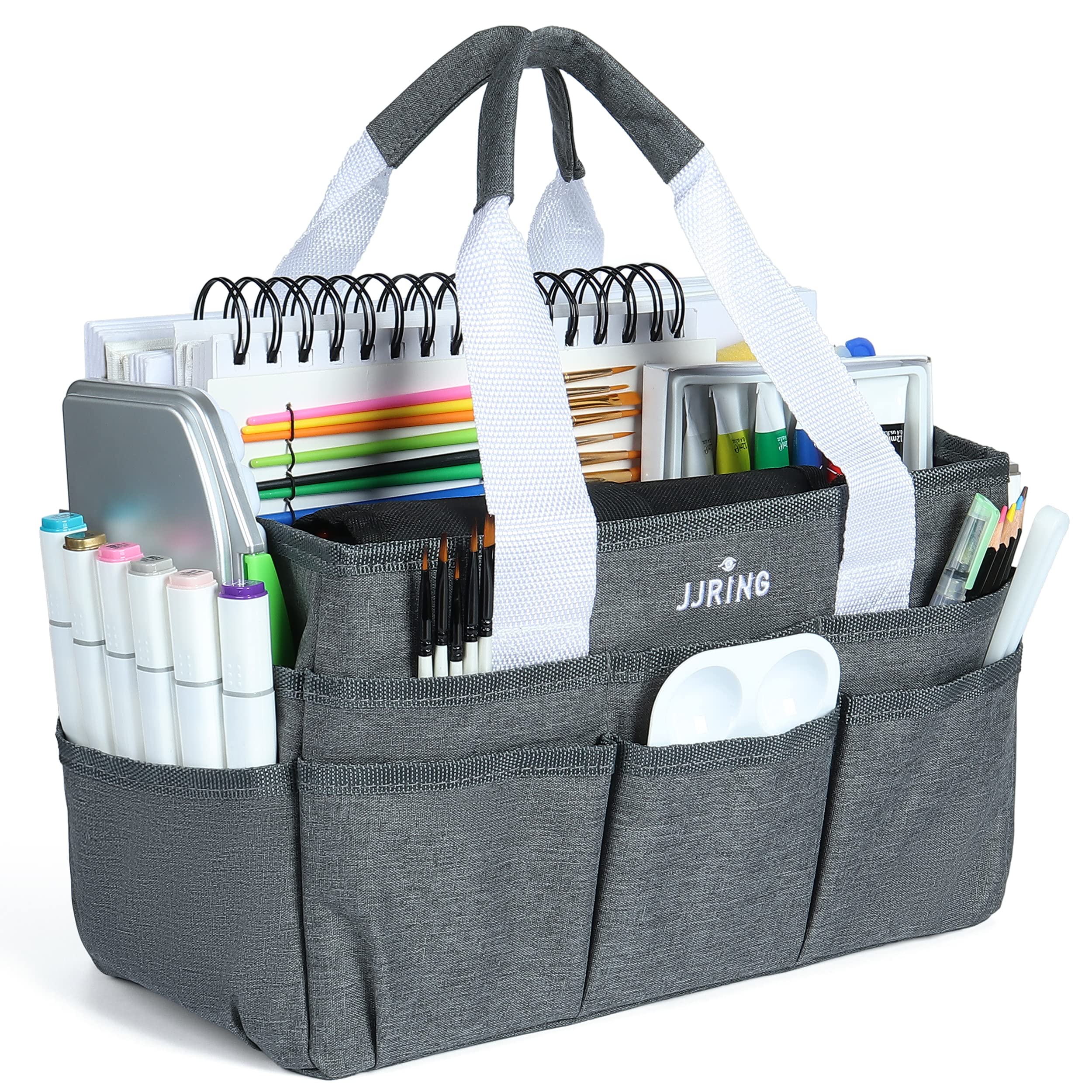 JJRING Craft Organizer Tote Bag, Art Storage Caddy with Multiple Pockets, Grey Sewing Bag for Art, Craft, Scrapbooking, School, Medical, and Office Supplies Storage