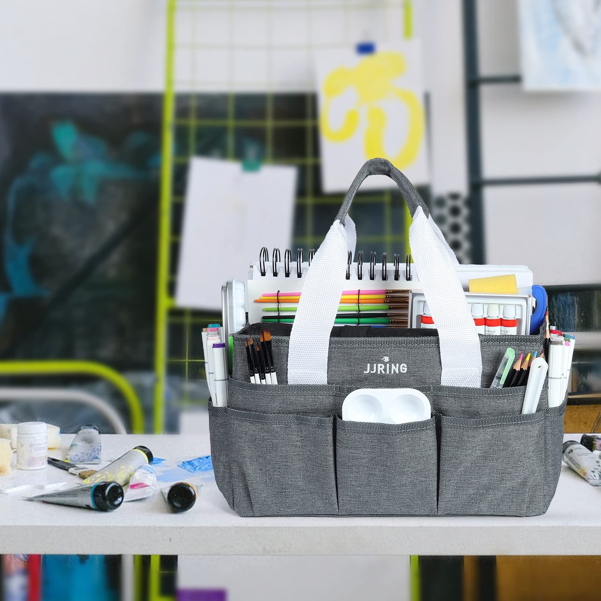 JJRING Craft Organizer Tote Bag, Art Storage Caddy with Multiple Pockets, Grey Sewing Bag for Art, Craft, Scrapbooking, School, Medical, and Office Supplies Storage