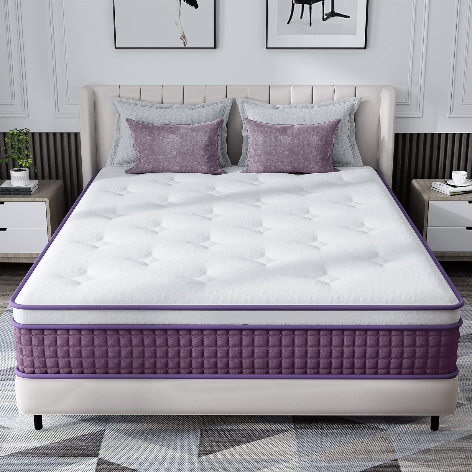 REGOSS 12 Inch Innerspring Hybrid Mattress, Motion Isolation Individually Pocketed Coils Mattress, Euro Top King Size Mattress in a Box, Plush Foam Spring Mattress for Pressure Relief, Purple