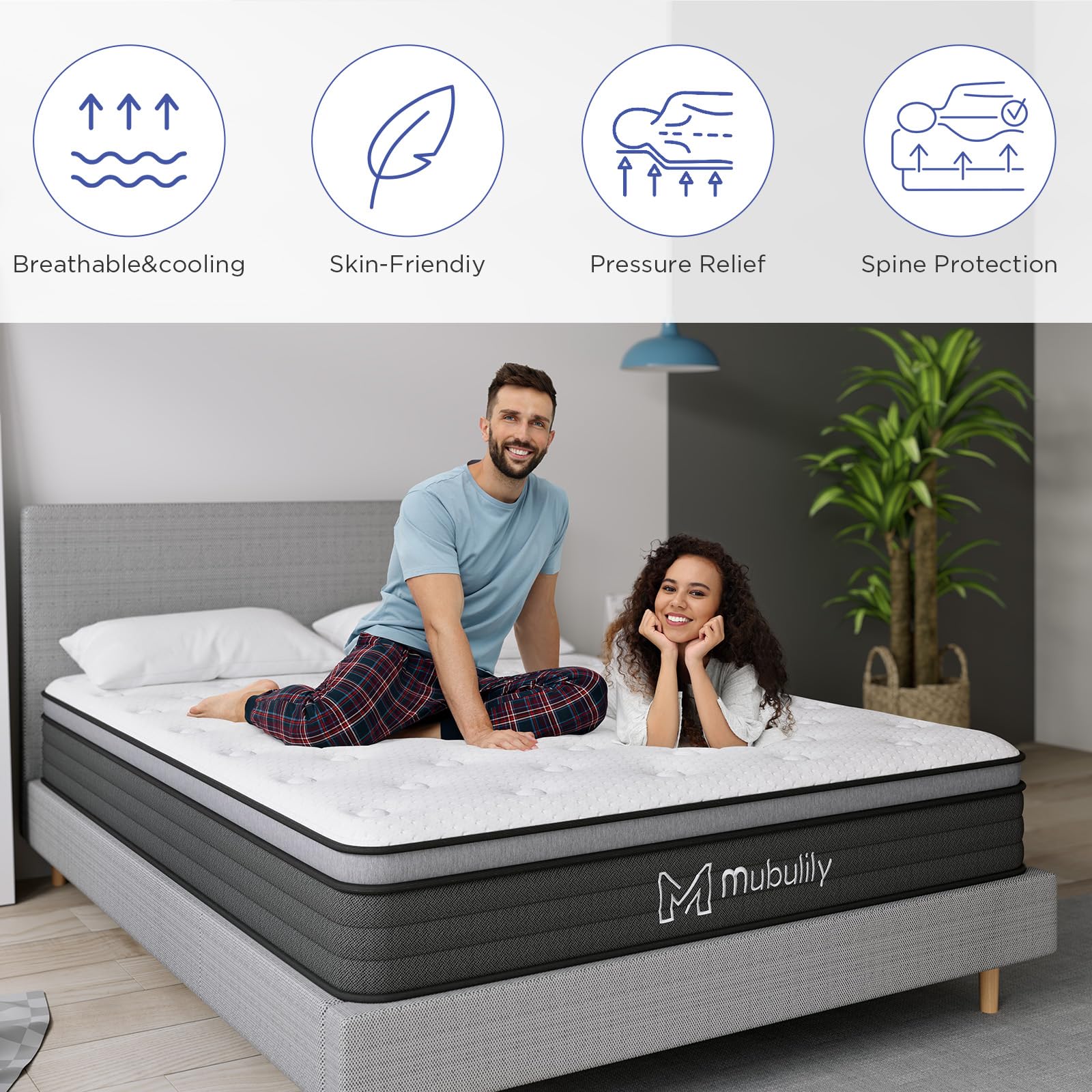 Mubulily King Mattress,12 Inch Hybrid Pillow Top King Size Mattress,Individually Wrapped Pocket Coils Innerspring for a Cool Sleep & Pressure Relief,Medium Firm Feel with Motion Isolation.