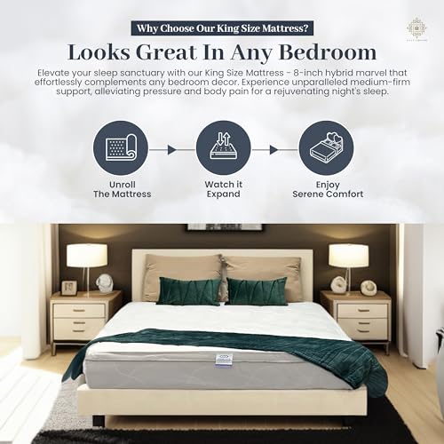 King Size Mattress - 8 Inch Cool Comfort Foam & Spring Hybrid Mattress with Breathable Organic Cotton Cover - Quilted Soft Tight Top - Rolled in a Box - Oliver & Smith