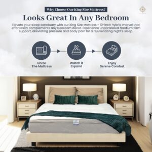 Aylas Furniture King Size Mattress- 10 Inch Hybrid King Mattress with High Density & Comfort Cold Foam with Continuous Coil Bonnell Springs - Eco-Friendly, Breathable Mattress King Size Medium Firm