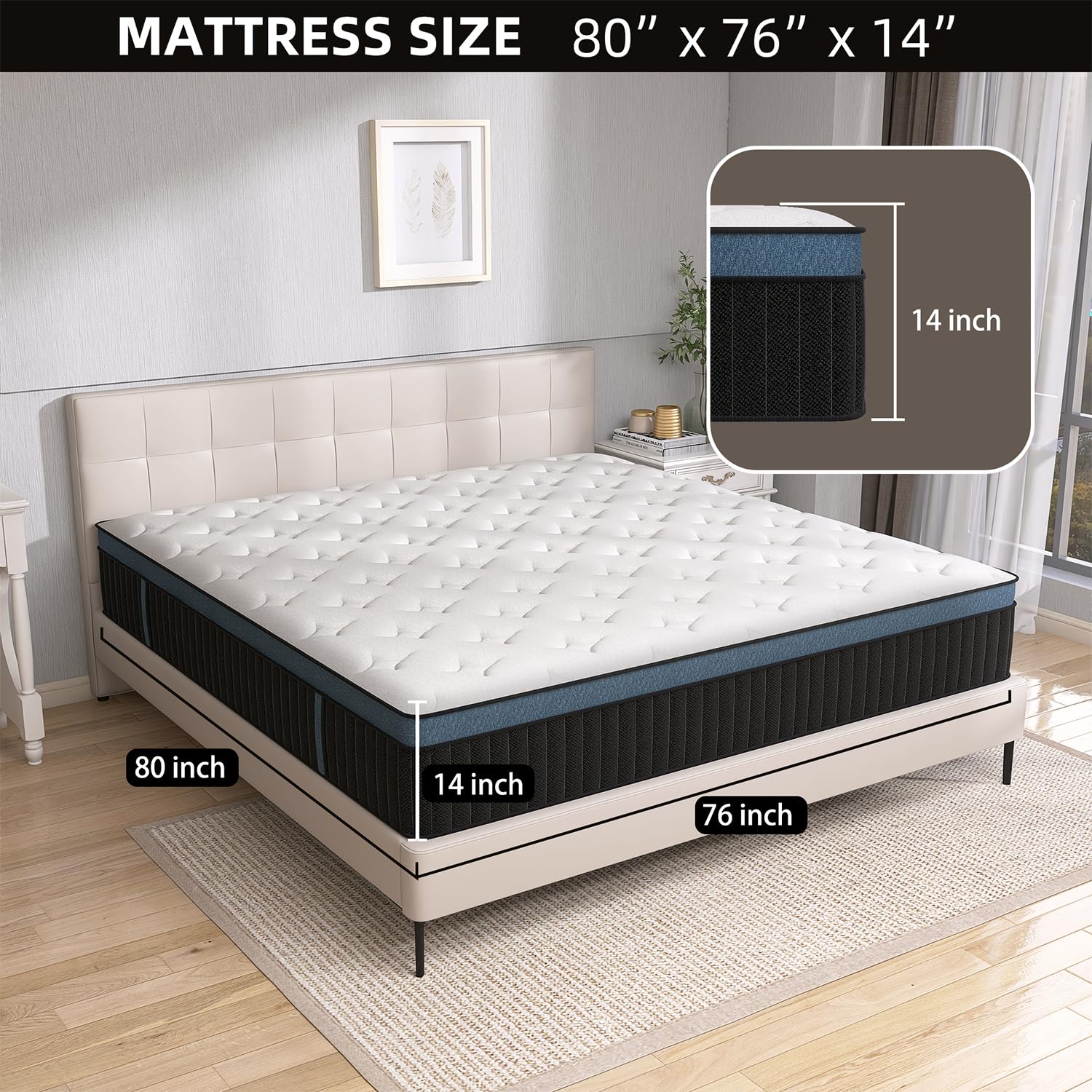 VERHOPE King Size Mattress,14 inch King Mattress in a Box,Motion Isolation with Individually Pocket Spring,Medium Firm Memory Foam Hybrid Mattress,Edge Support,CertiPUR-US