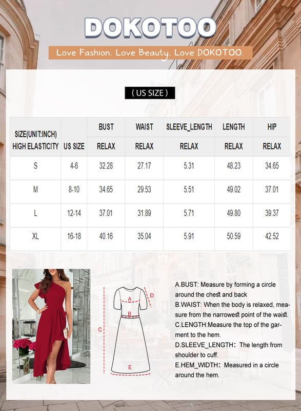 Dokotoo One Shoulder Dresses for Women Elegant Ruffle Empire Waist Asymmetrical Hi-Lo Hem Solid Zipper Up Bodycon Party Wedding Guest Midi Semi Formal Dresses Red X-Large