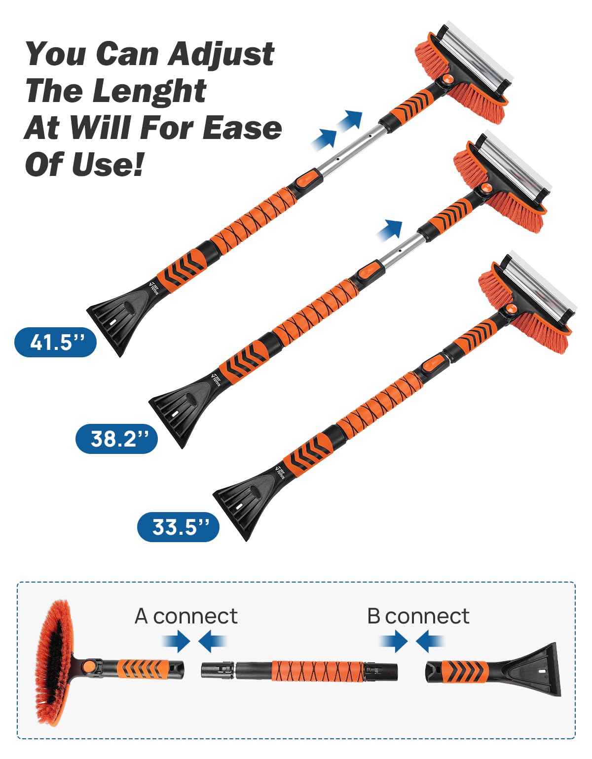 JOYTUTUS 41.5IN Extendable Snow Brush and Ice Scraper, 270°Pivoting Snow Scraper Brush for Car Windshield, Telescoping Ice Scraper, Foam Grip, Heavy Duty Snow Remover for Cars, Trucks, SUV (Orange)