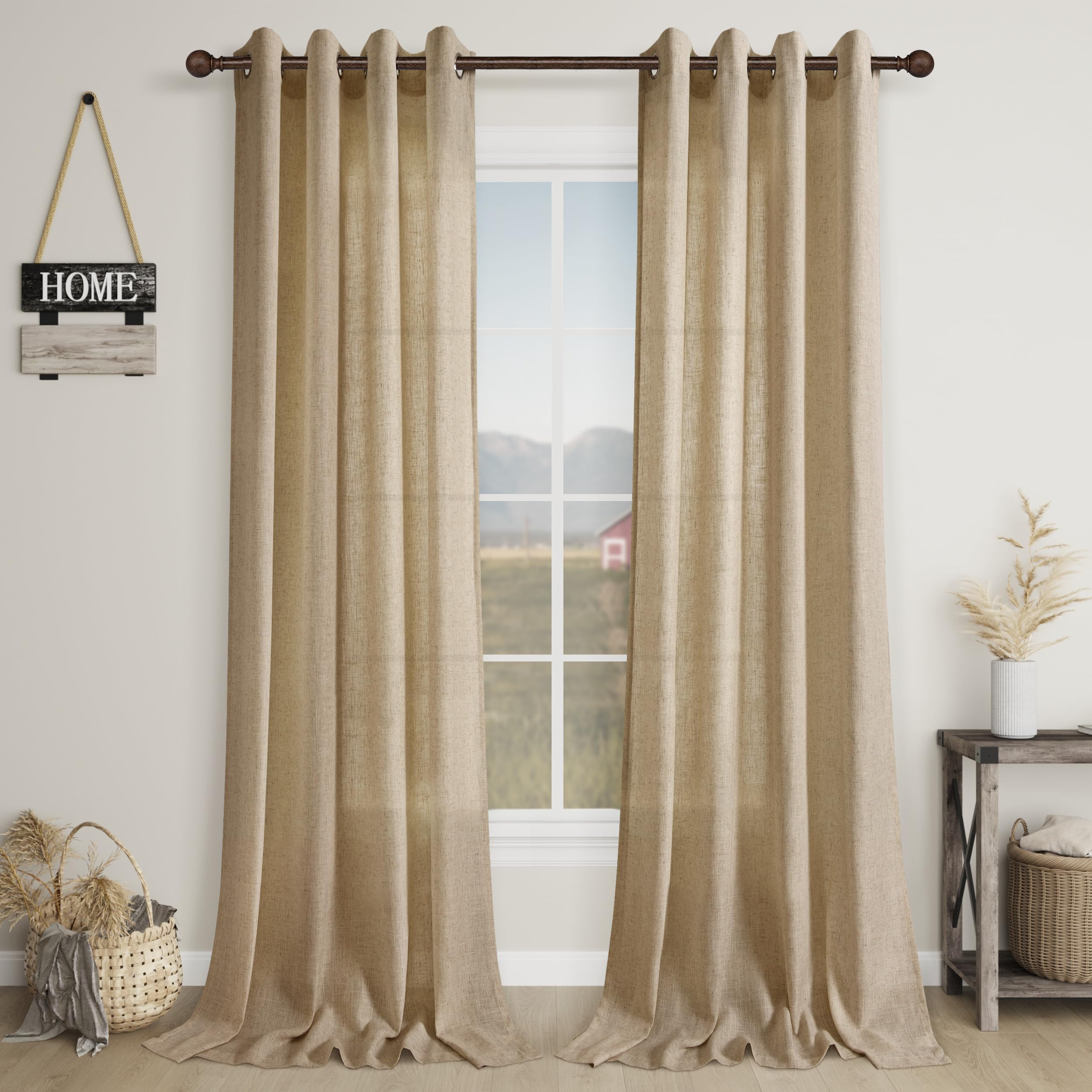 Tan Brown 102 Inch Linen Curtains 2 Panels Set Grommet Light Filter Burlap Linen Drapes Boho Farmhouse Semi Sheer Window Curtain 102 Inches Length for Hallway Nursery Living Room Sliding Patio Door