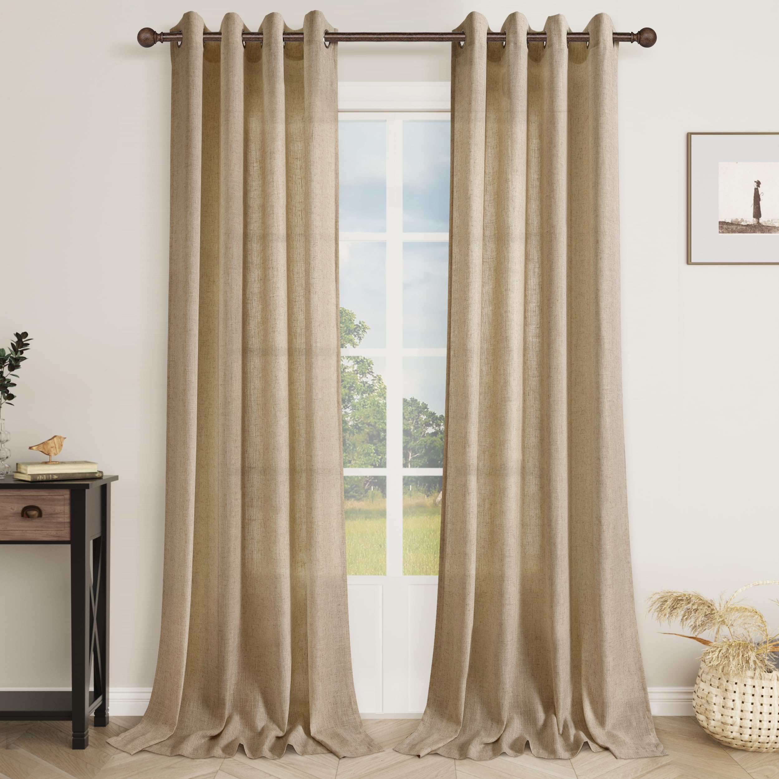 Tan Brown 102 Inch Linen Curtains 2 Panels Set Grommet Light Filter Burlap Linen Drapes Boho Farmhouse Semi Sheer Window Curtain 102 Inches Length for Hallway Nursery Living Room Sliding Patio Door