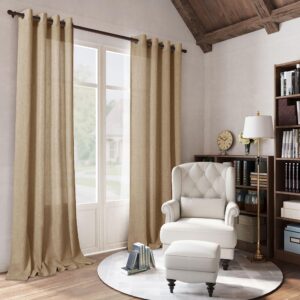 Tan Brown 102 Inch Linen Curtains 2 Panels Set Grommet Light Filter Burlap Linen Drapes Boho Farmhouse Semi Sheer Window Curtain 102 Inches Length for Hallway Nursery Living Room Sliding Patio Door