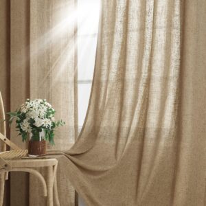 Tan Brown 102 Inch Linen Curtains 2 Panels Set Grommet Light Filter Burlap Linen Drapes Boho Farmhouse Semi Sheer Window Curtain 102 Inches Length for Hallway Nursery Living Room Sliding Patio Door