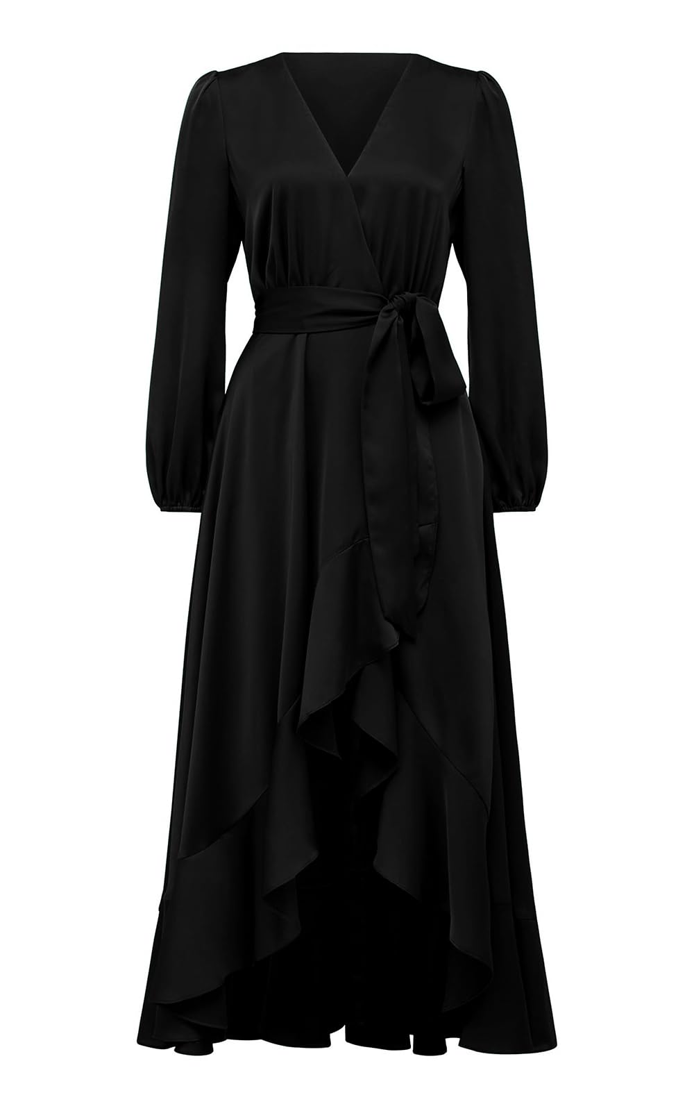 PRETTYGARDEN Women's Satin Fall Dress Semi Formal Satin Long Sleeve Wrap V Neck Ruffle Belted A-Line Flowy Maxi Dresses (Black,Small)